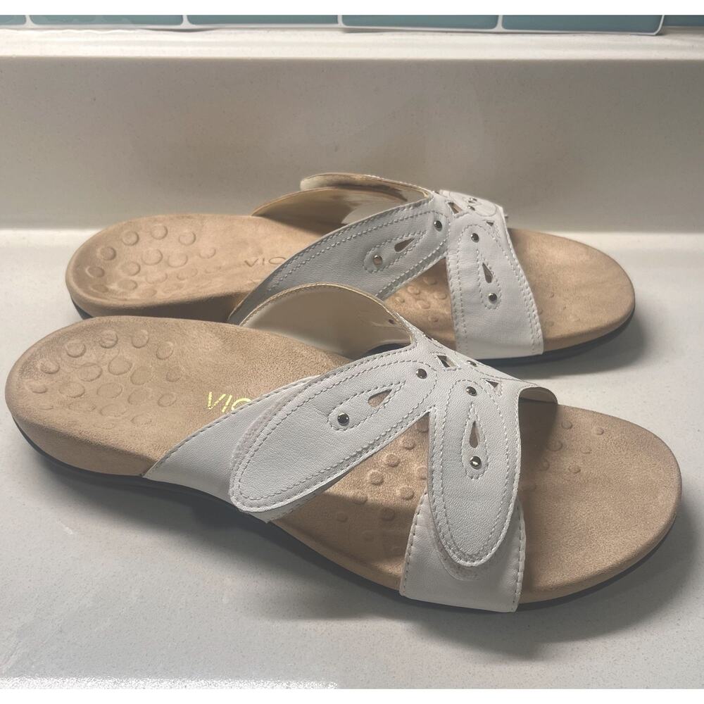 Vionic Adjustable Slide Hook and Loop Comfort Sandals White Floral Rivets Sz 10